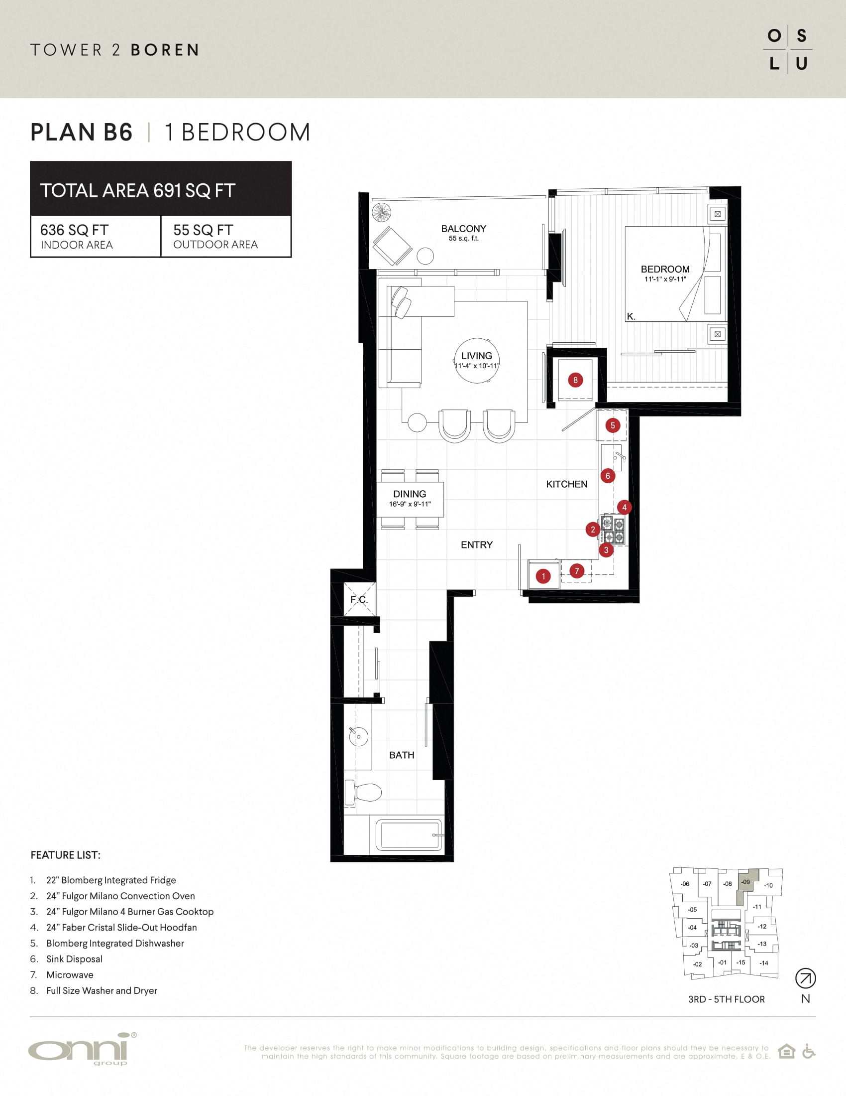 Floor plan for 1 bed, 1 bath, 636 sqft